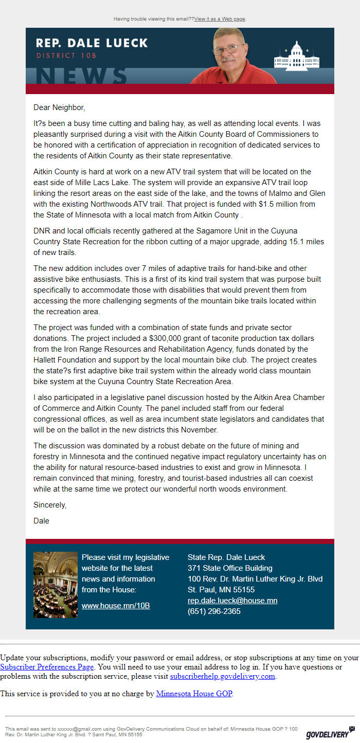Screenshot of the email generated on import
