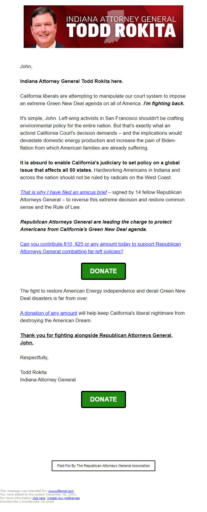 Screenshot of the email generated on import