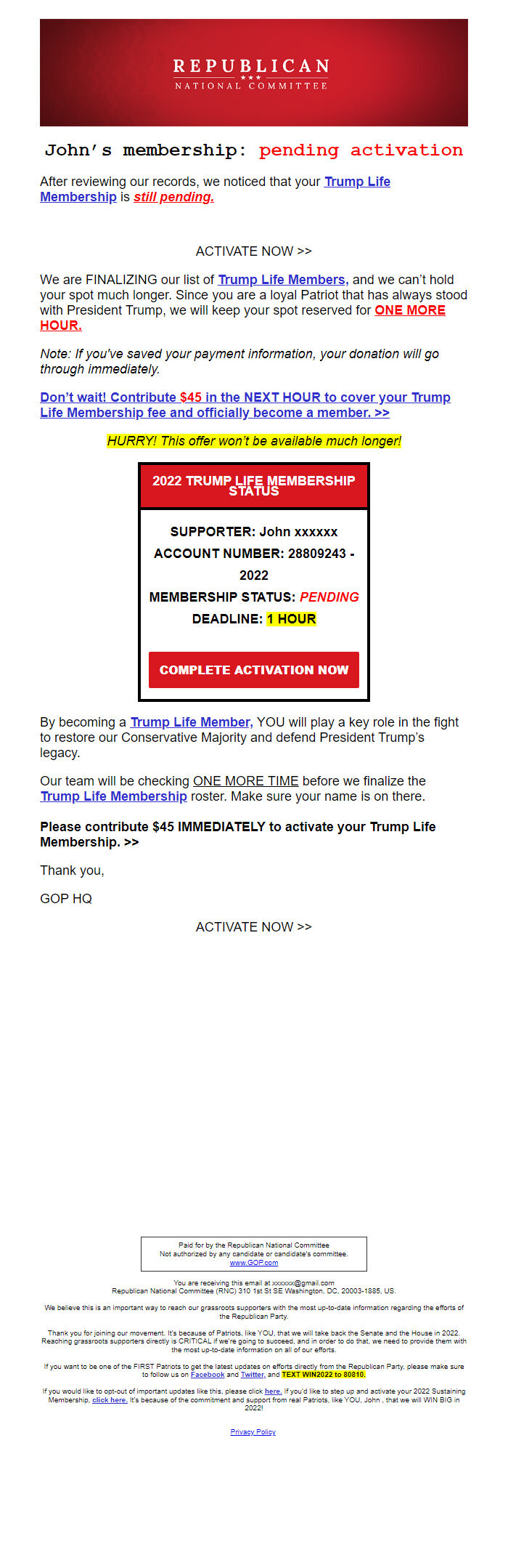 Screenshot of the email generated on import