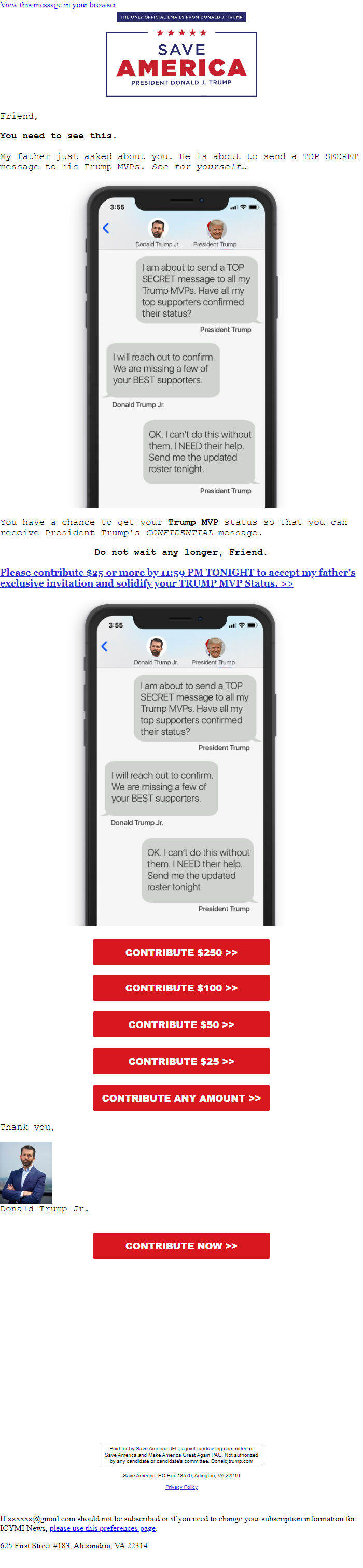 Screenshot of the email generated on import