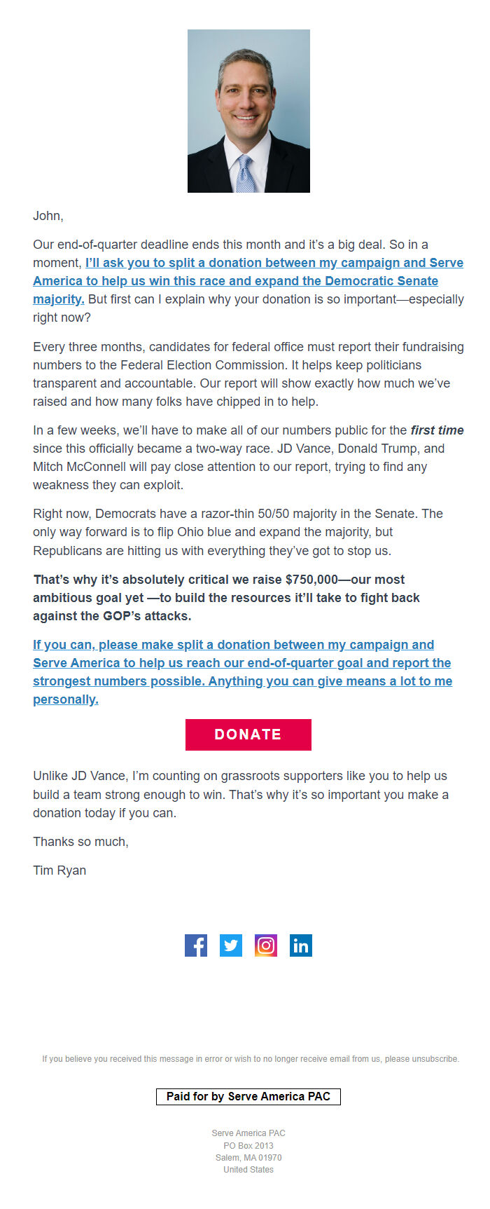 Screenshot of the email generated on import