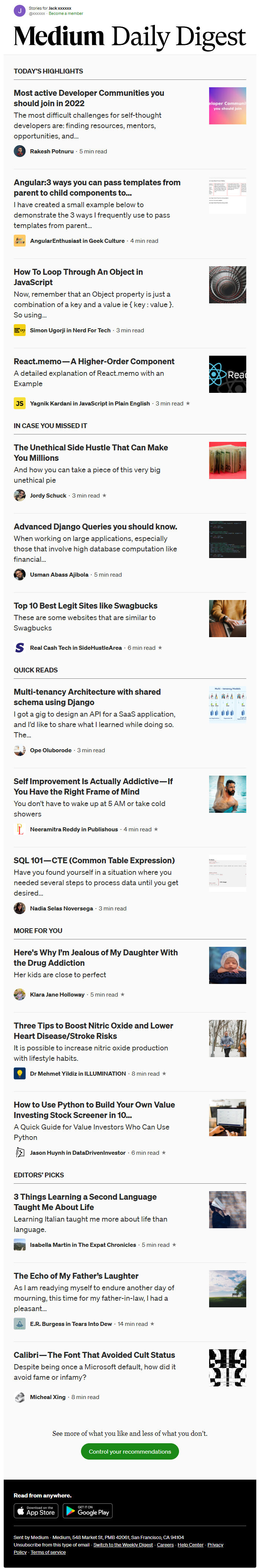 Screenshot of the email generated on import