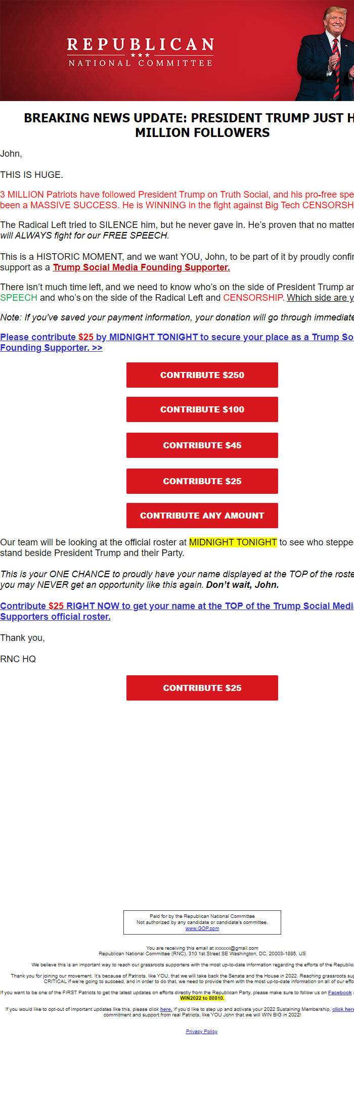 Screenshot of the email generated on import