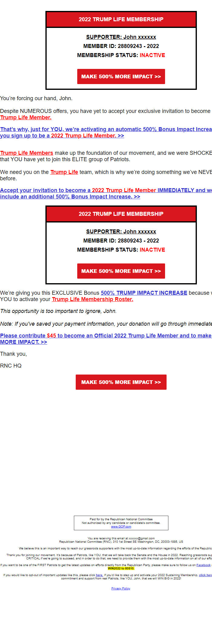 Screenshot of the email generated on import