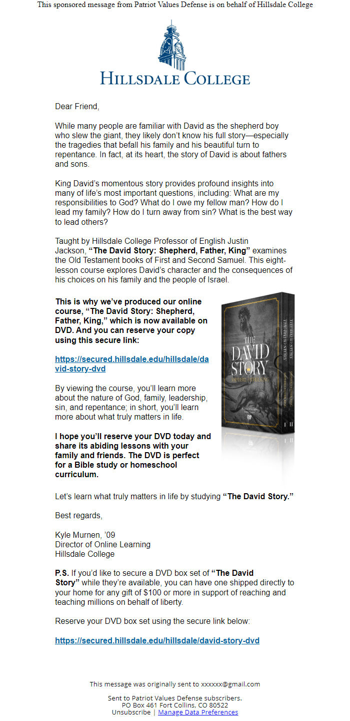 Screenshot of the email generated on import