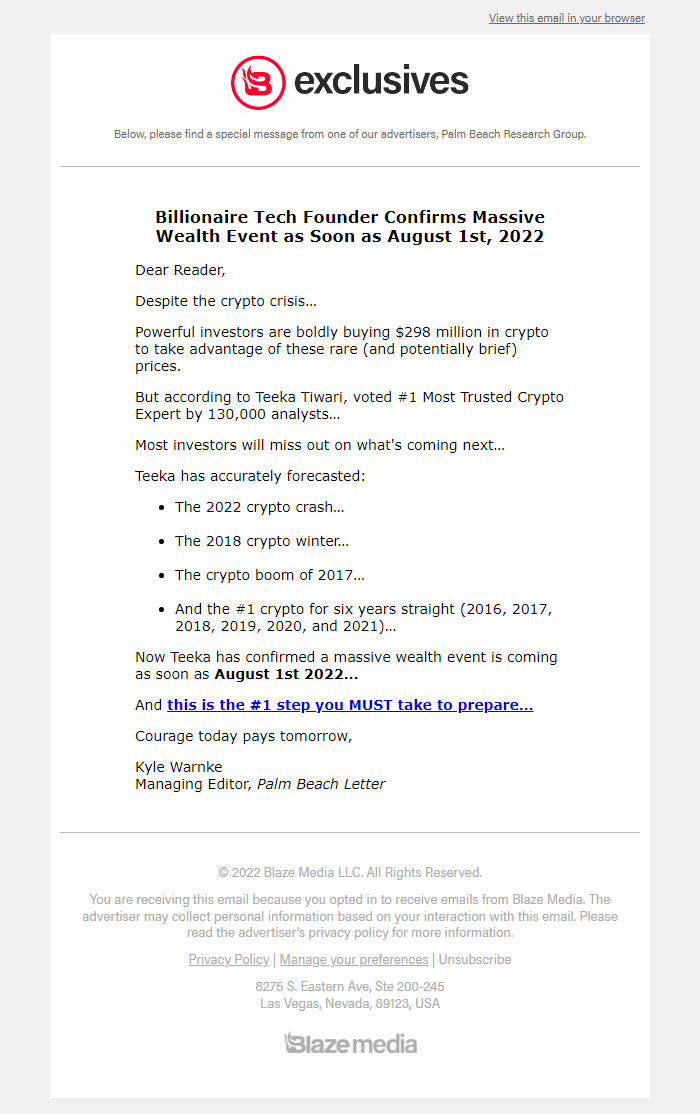 Screenshot of the email generated on import