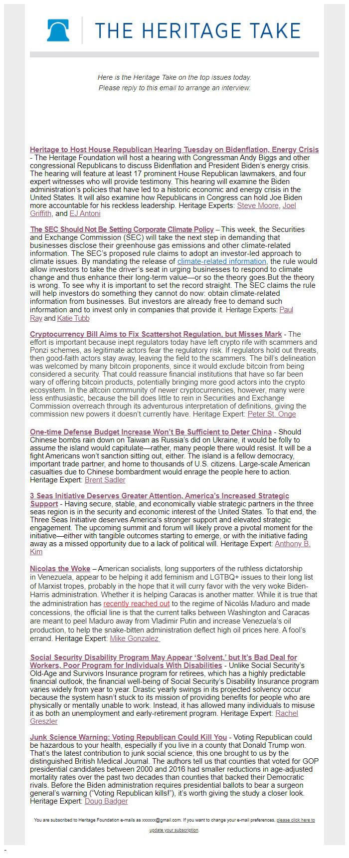 Screenshot of the email generated on import
