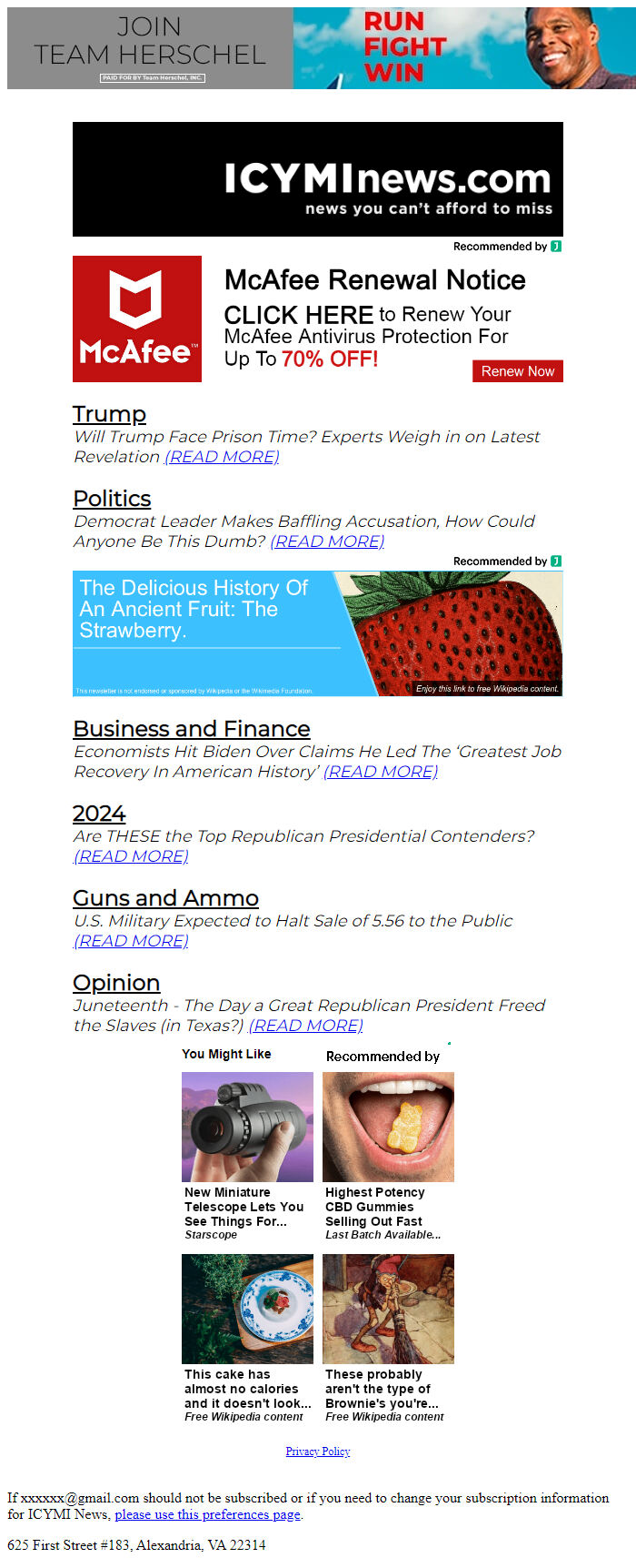 Screenshot of the email generated on import