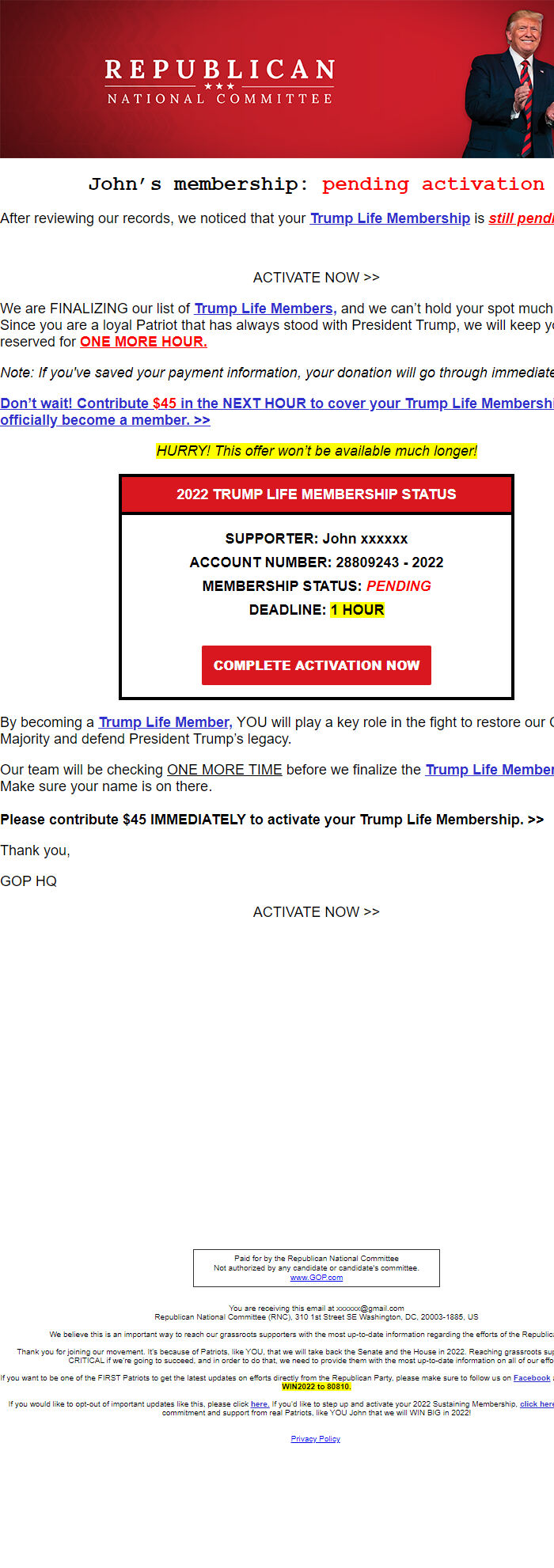 Screenshot of the email generated on import