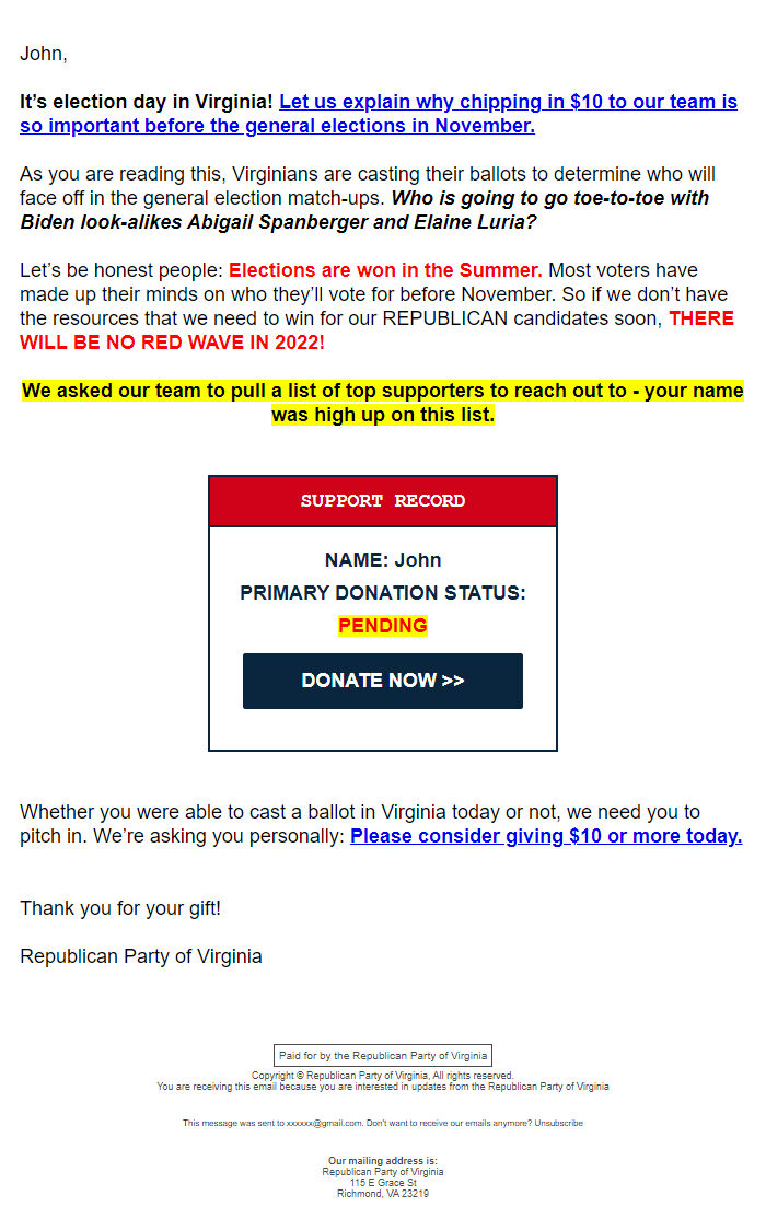 Screenshot of the email generated on import