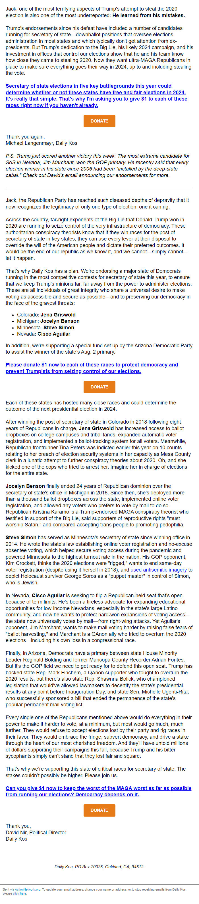 Screenshot of the email generated on import