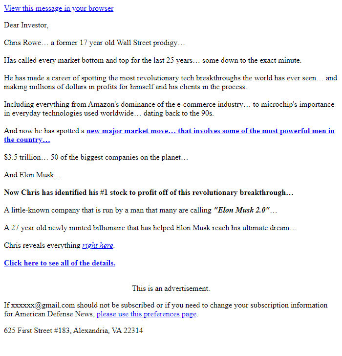 Screenshot of the email generated on import
