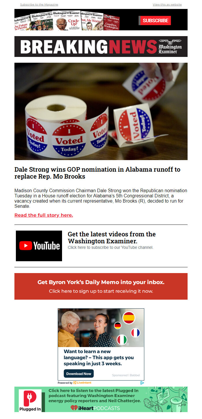 Screenshot of the email generated on import