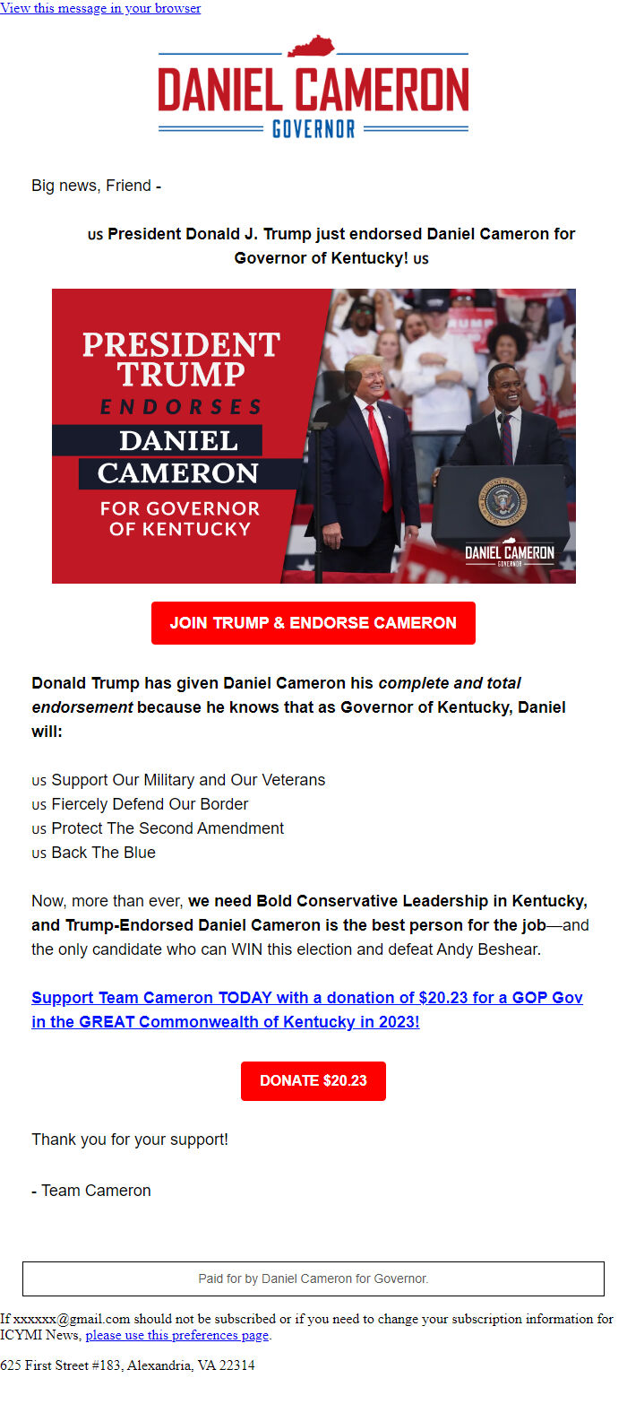Screenshot of the email generated on import
