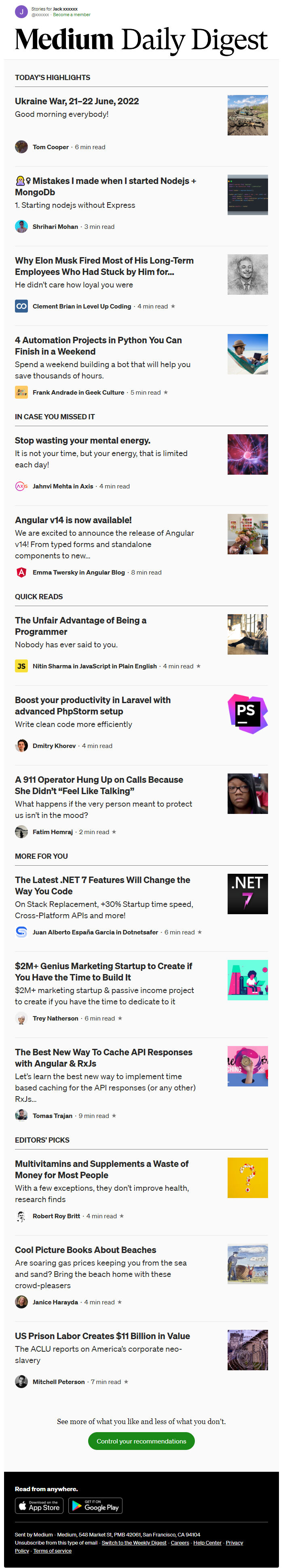 Screenshot of the email generated on import