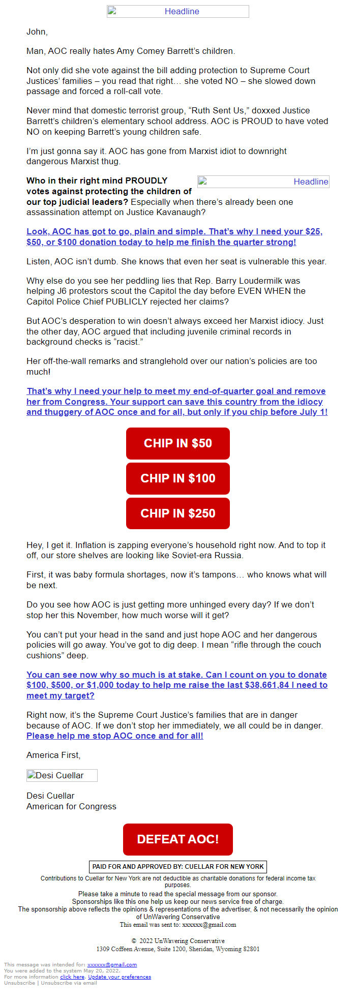 Screenshot of the email generated on import