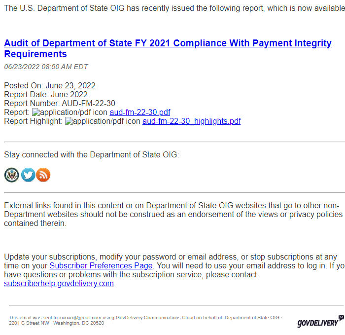 Screenshot of the email generated on import