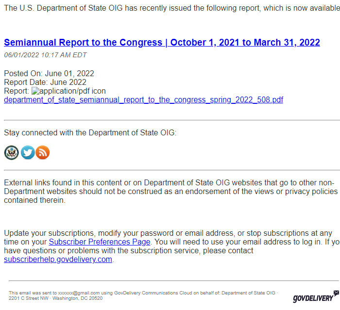 Screenshot of the email generated on import