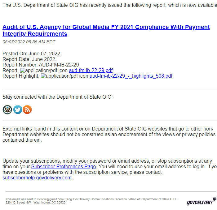 Screenshot of the email generated on import
