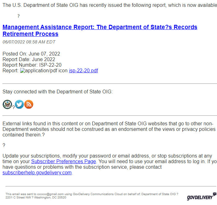 Screenshot of the email generated on import
