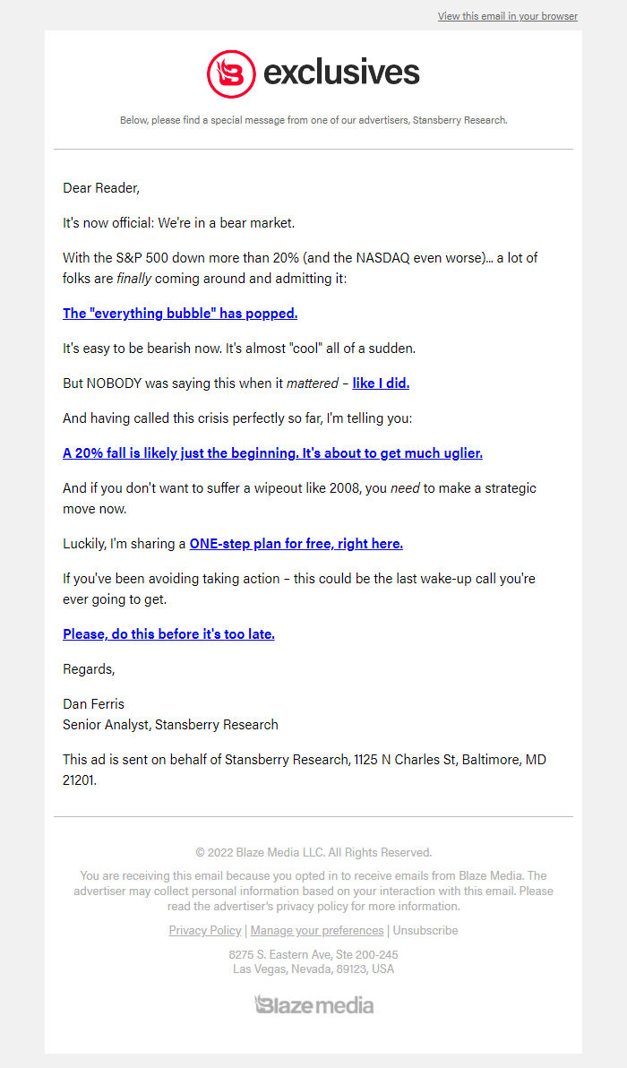 Screenshot of the email generated on import