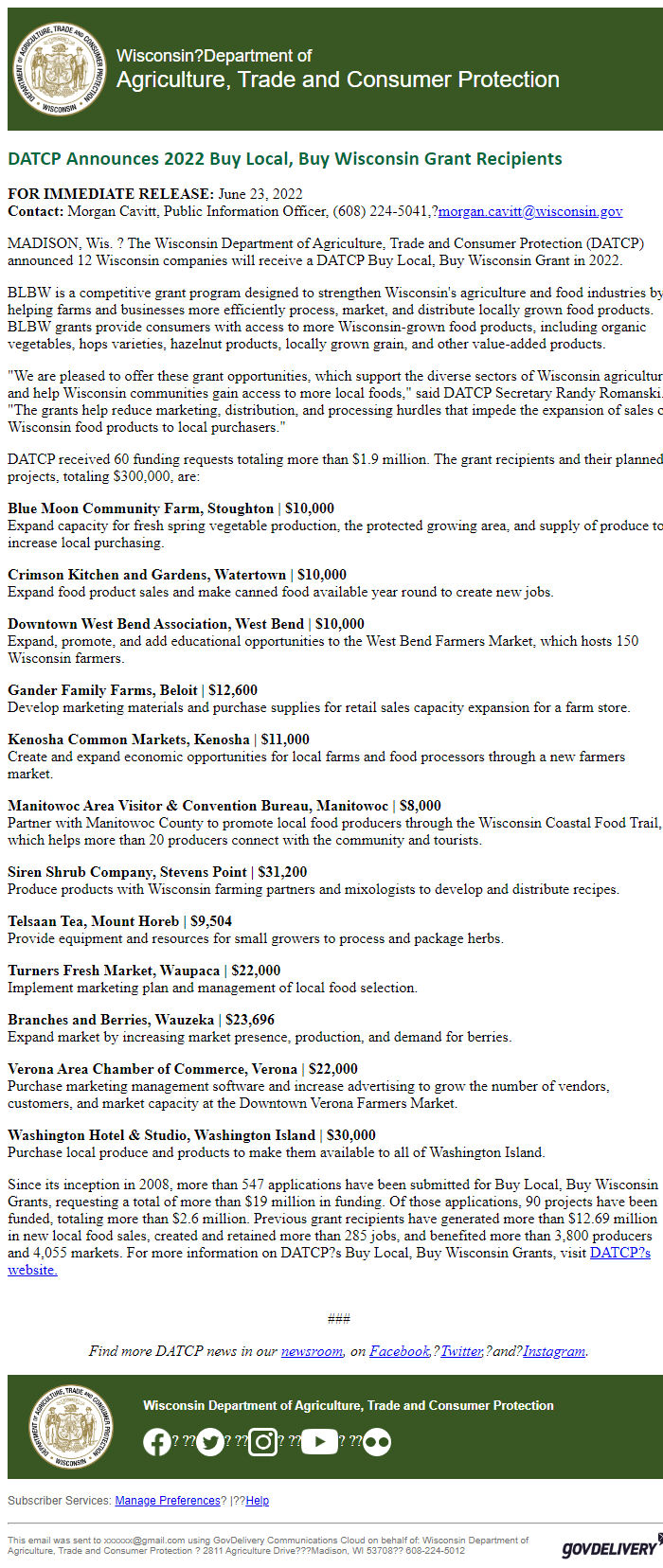 Screenshot of the email generated on import