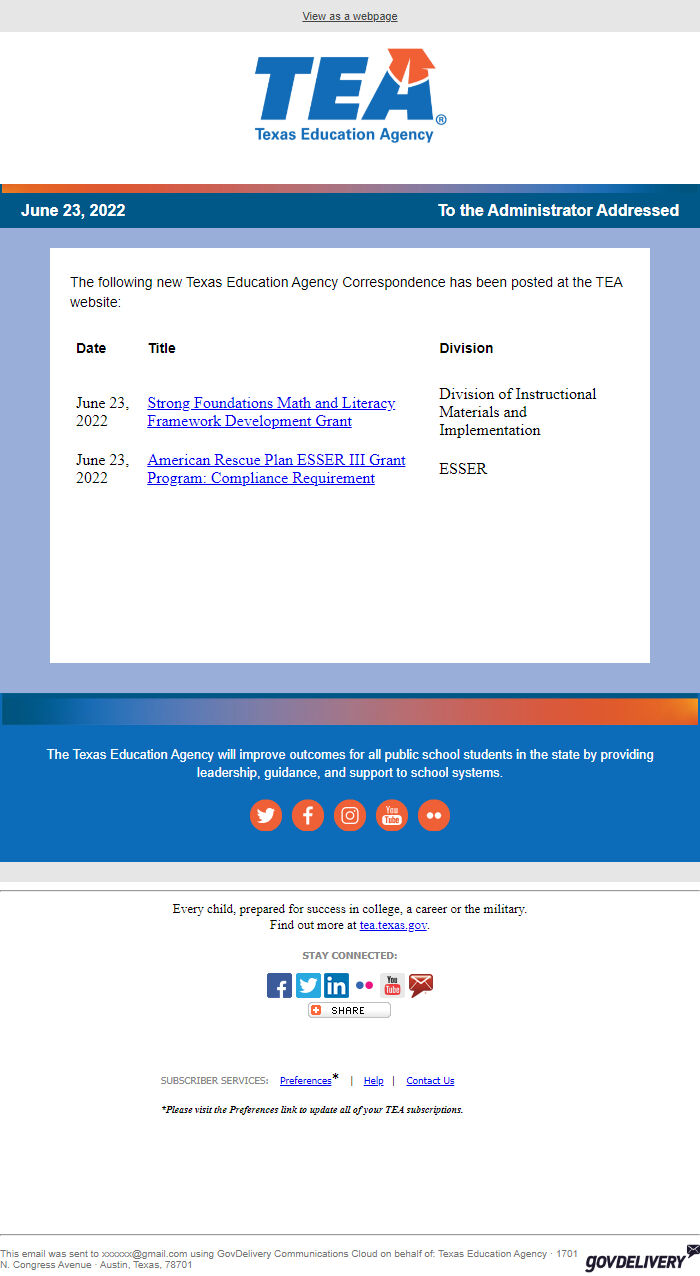 Screenshot of the email generated on import