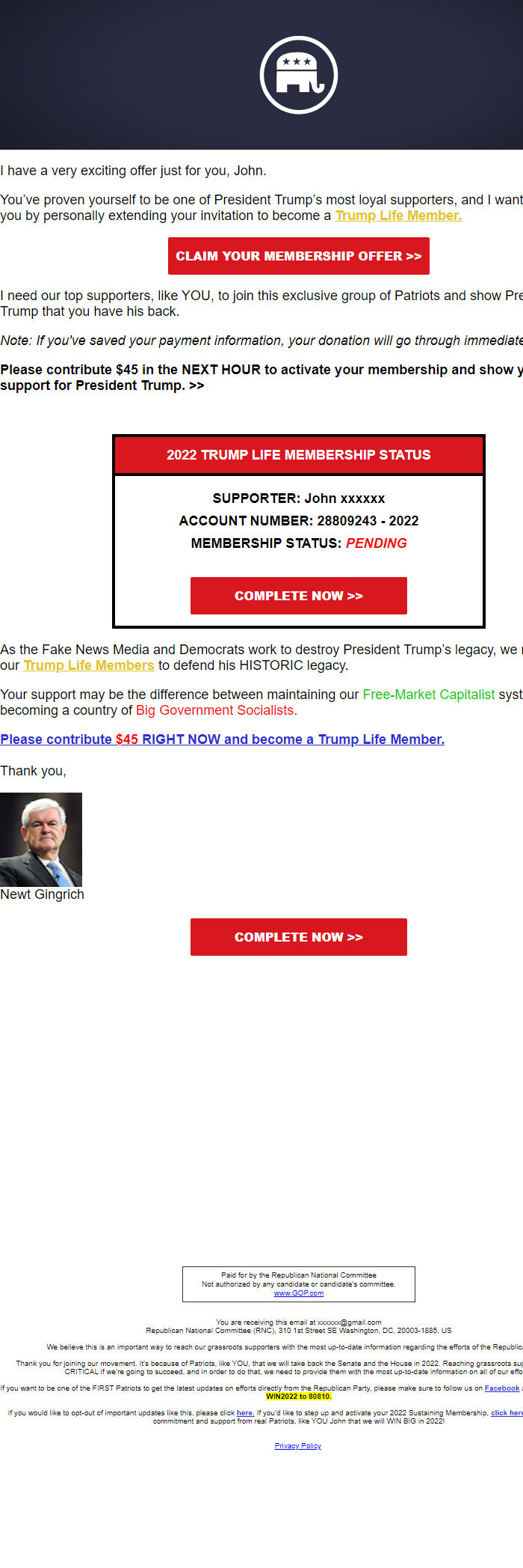 Screenshot of the email generated on import