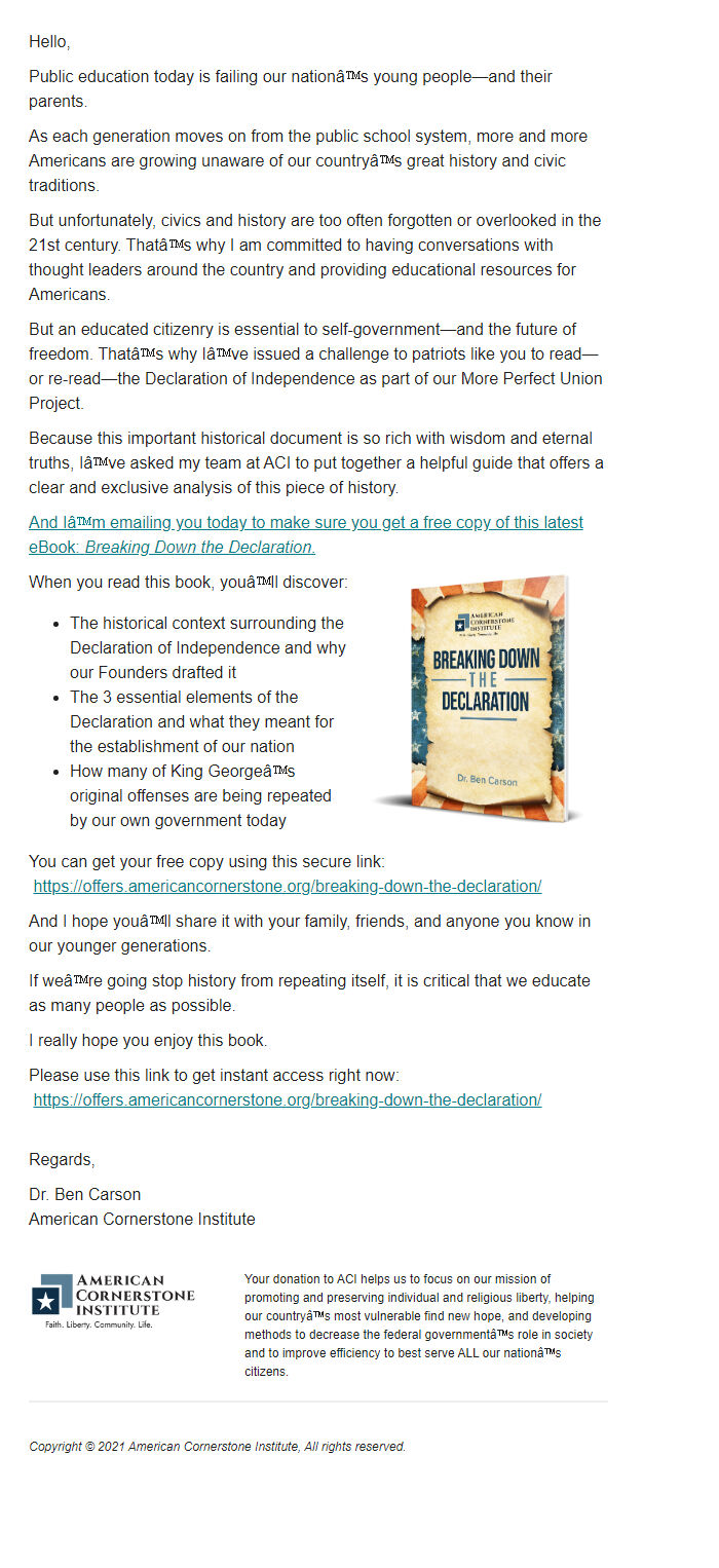 Screenshot of the email generated on import