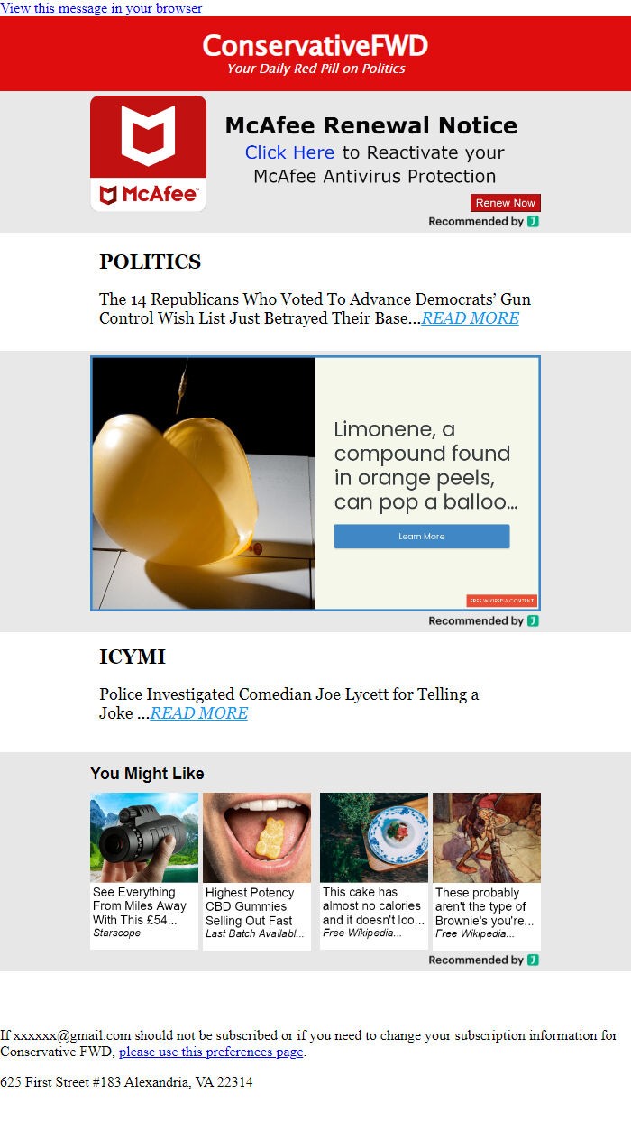 Screenshot of the email generated on import