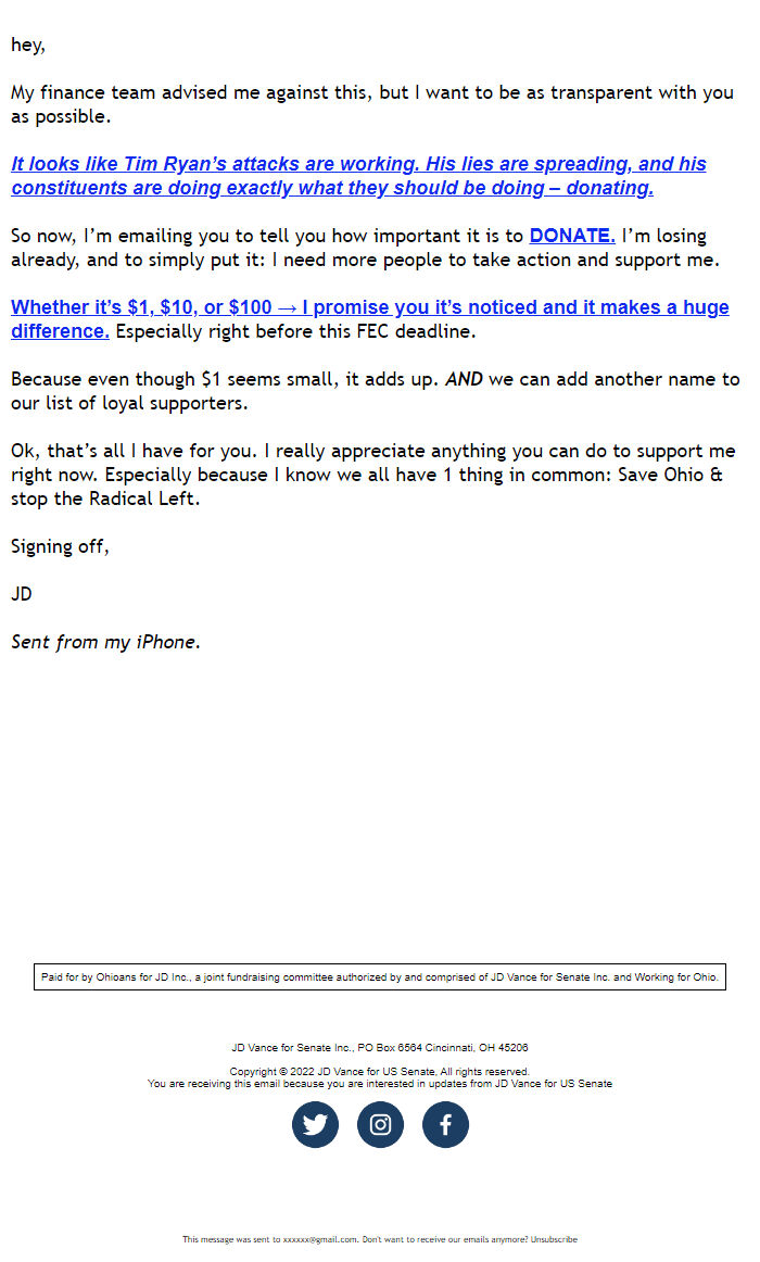 Screenshot of the email generated on import