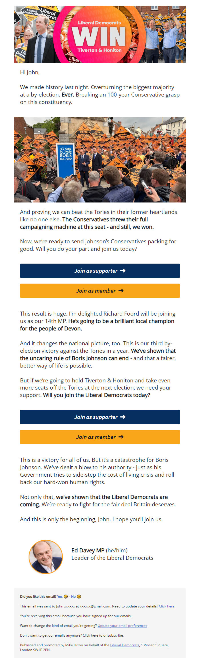 Screenshot of the email generated on import