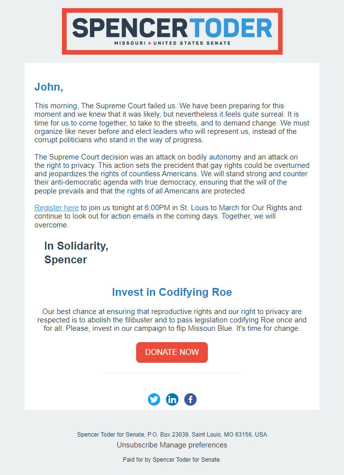 Screenshot of the email generated on import