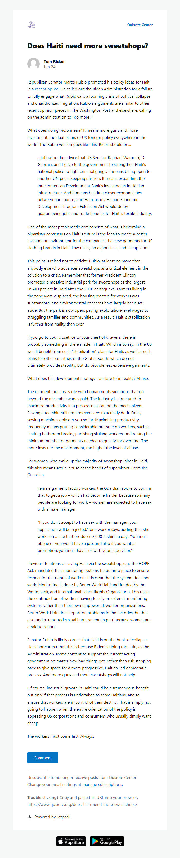 Screenshot of the email generated on import