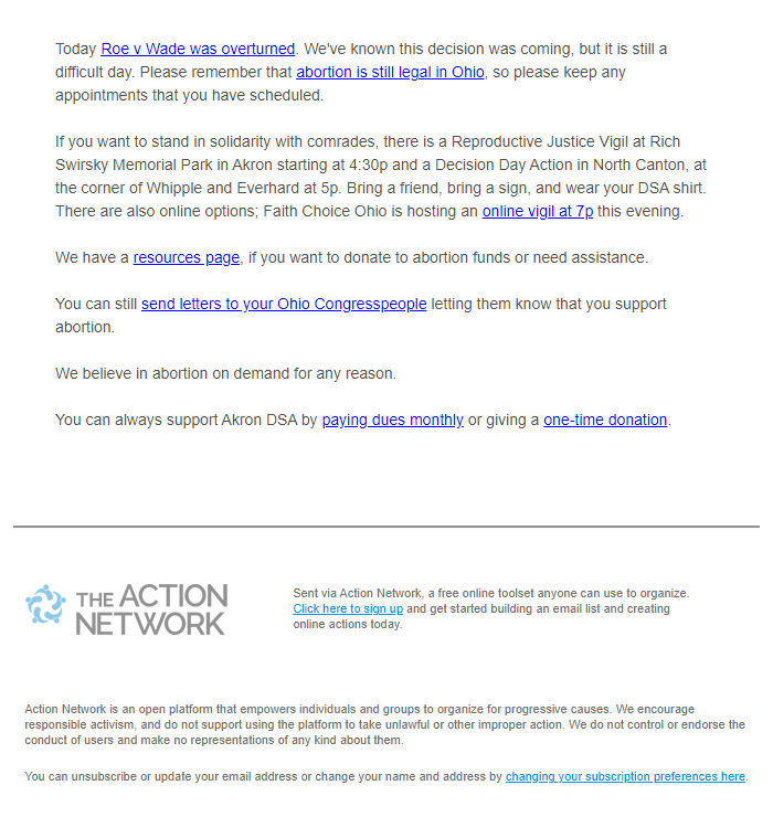 Screenshot of the email generated on import