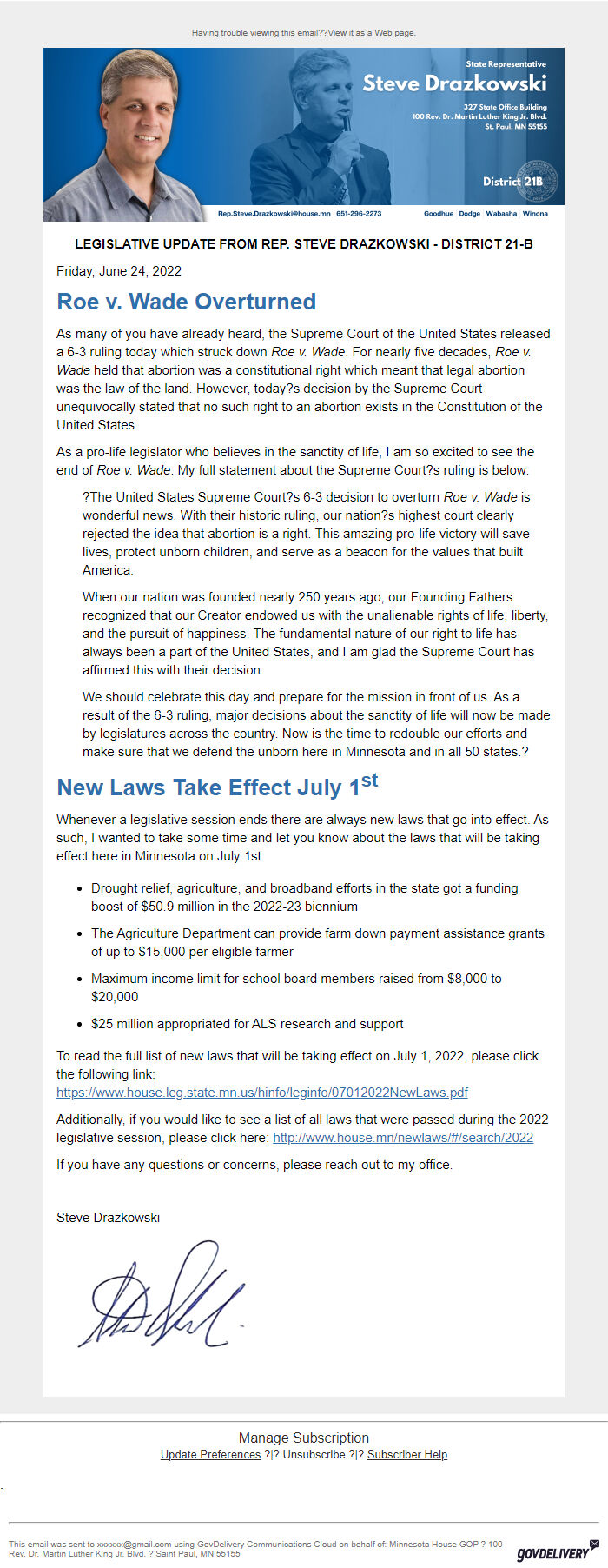 Screenshot of the email generated on import