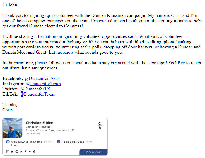 Screenshot of the email generated on import