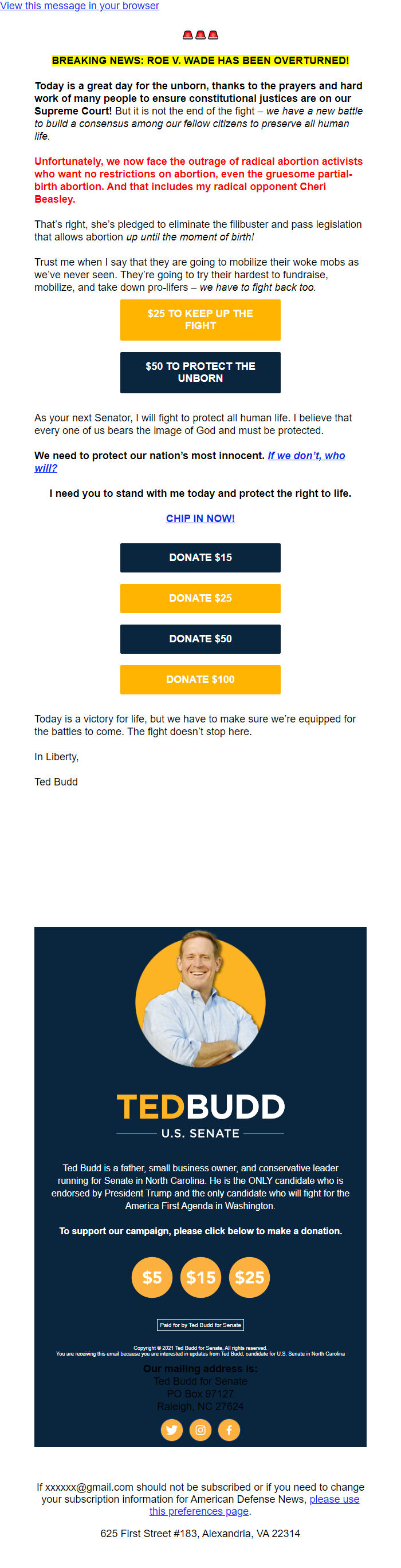 Screenshot of the email generated on import