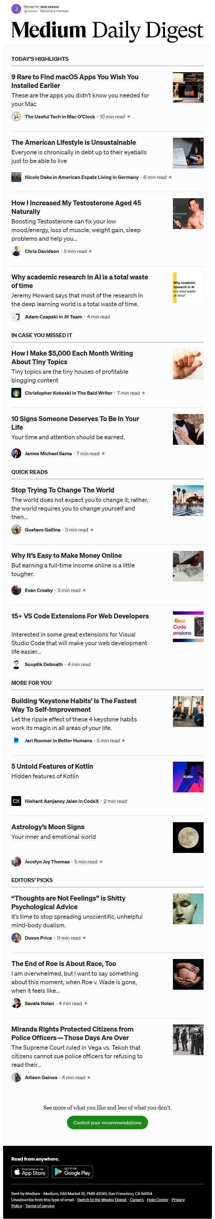 Screenshot of the email generated on import