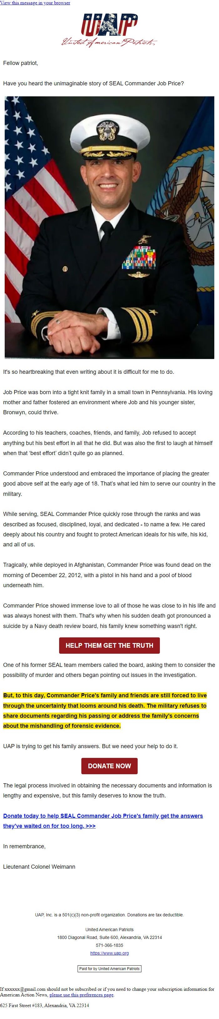 Screenshot of the email generated on import