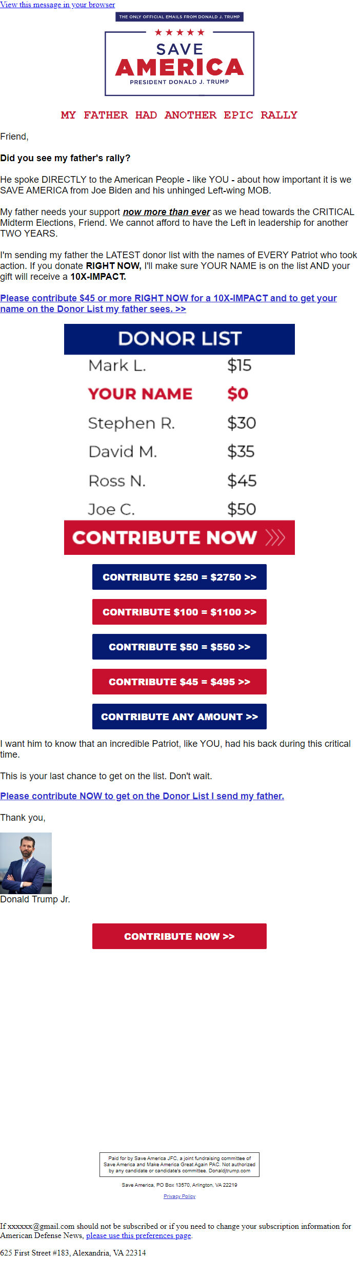 Screenshot of the email generated on import