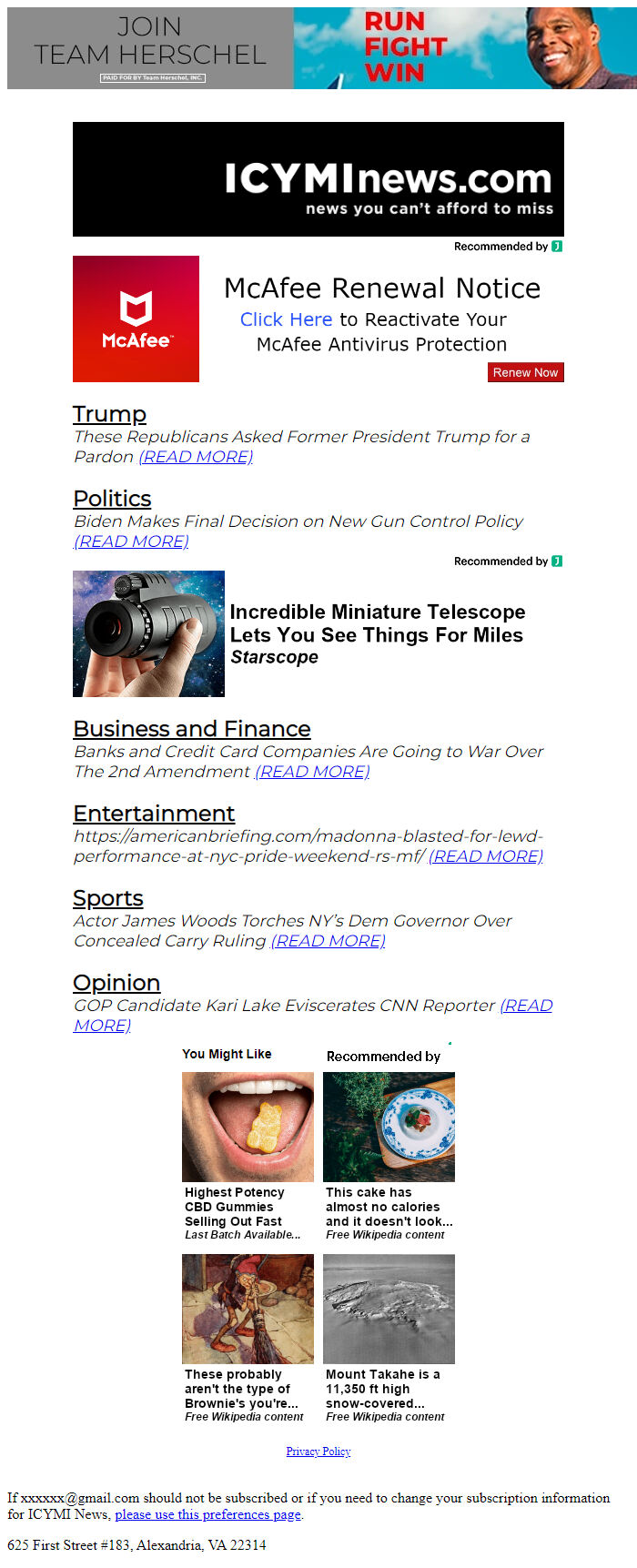 Screenshot of the email generated on import