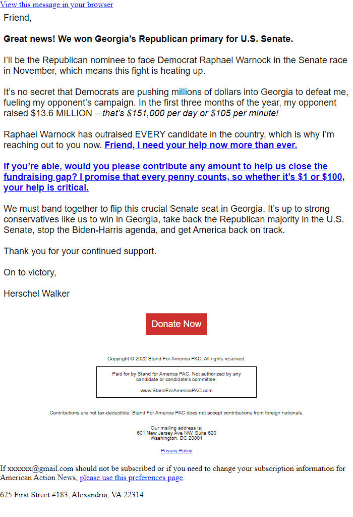 Screenshot of the email generated on import