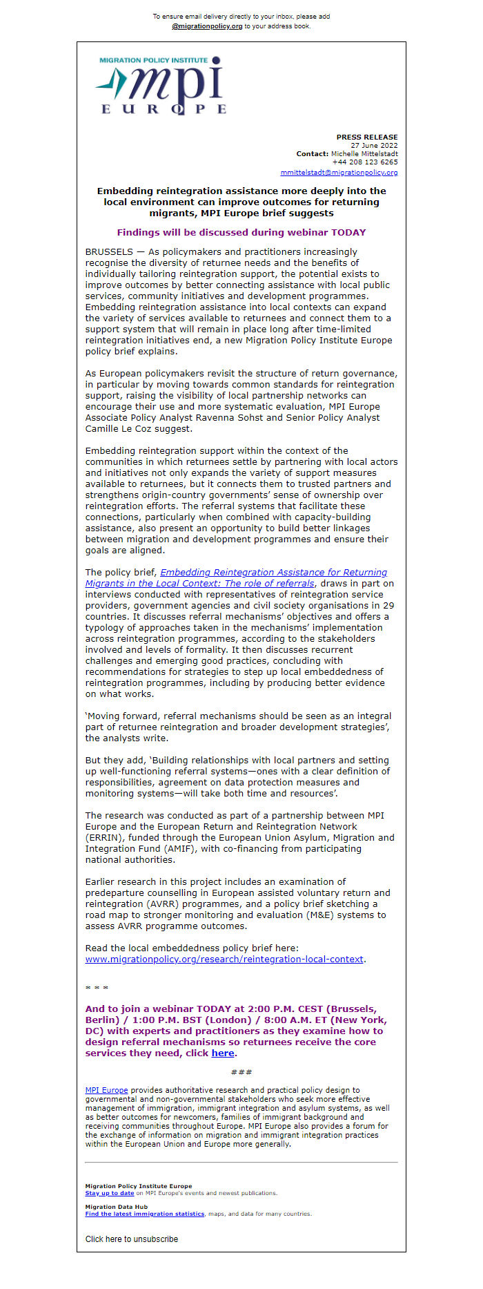 Screenshot of the email generated on import