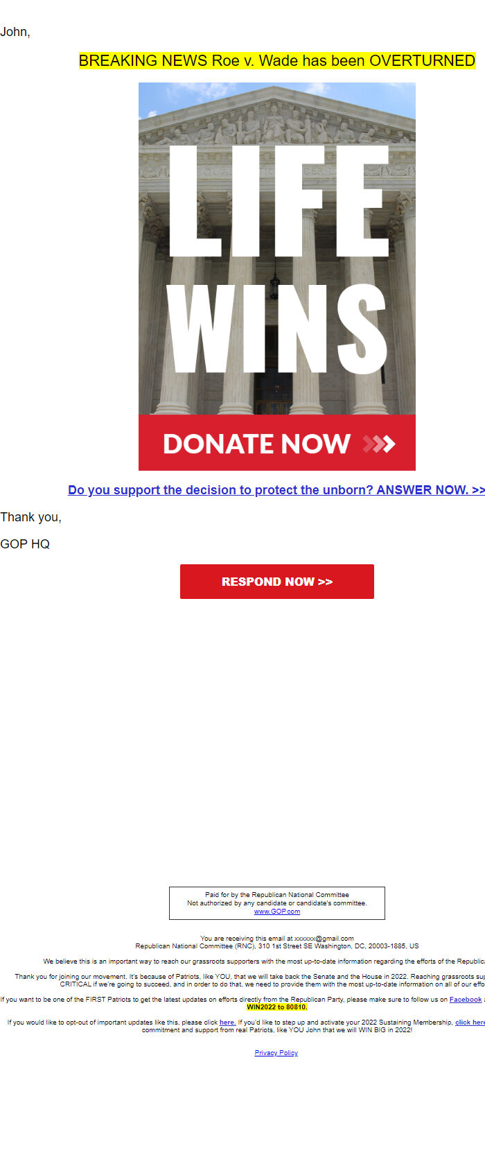 Screenshot of the email generated on import