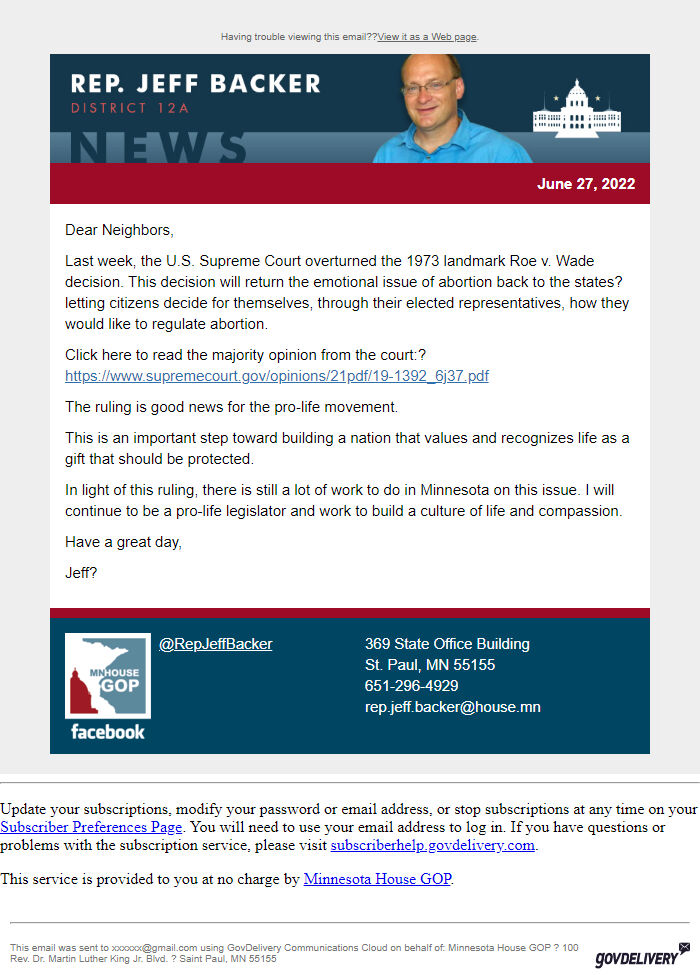 Screenshot of the email generated on import