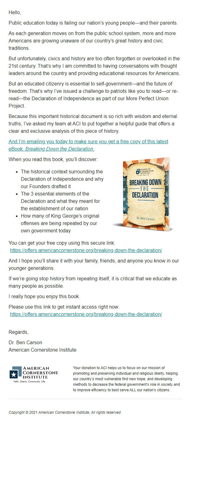 Screenshot of the email generated on import