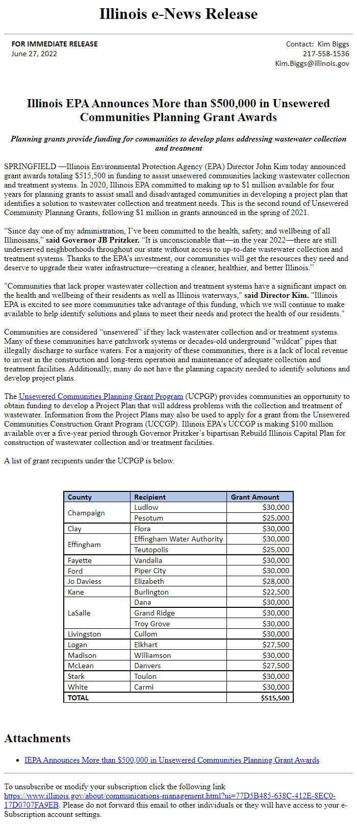 Screenshot of the email generated on import