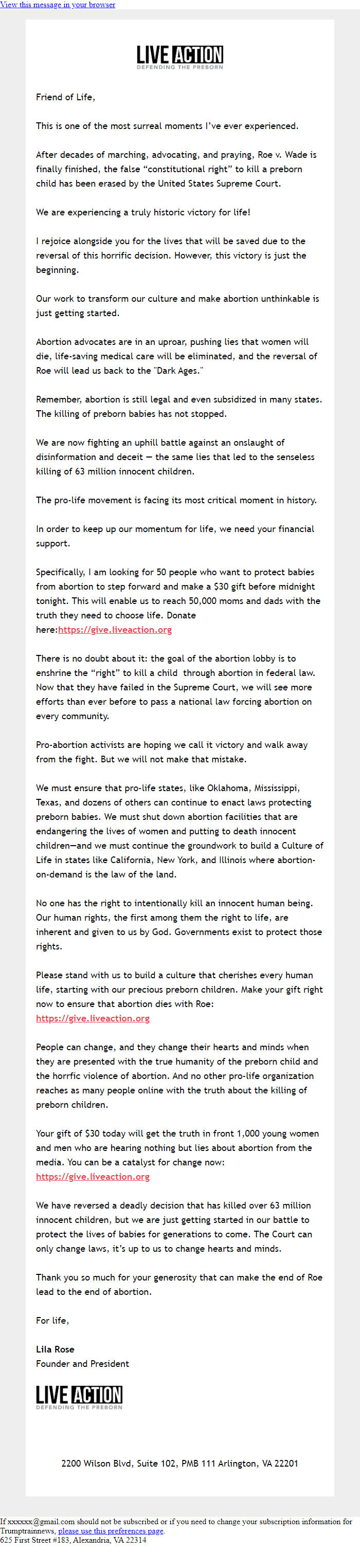 Screenshot of the email generated on import