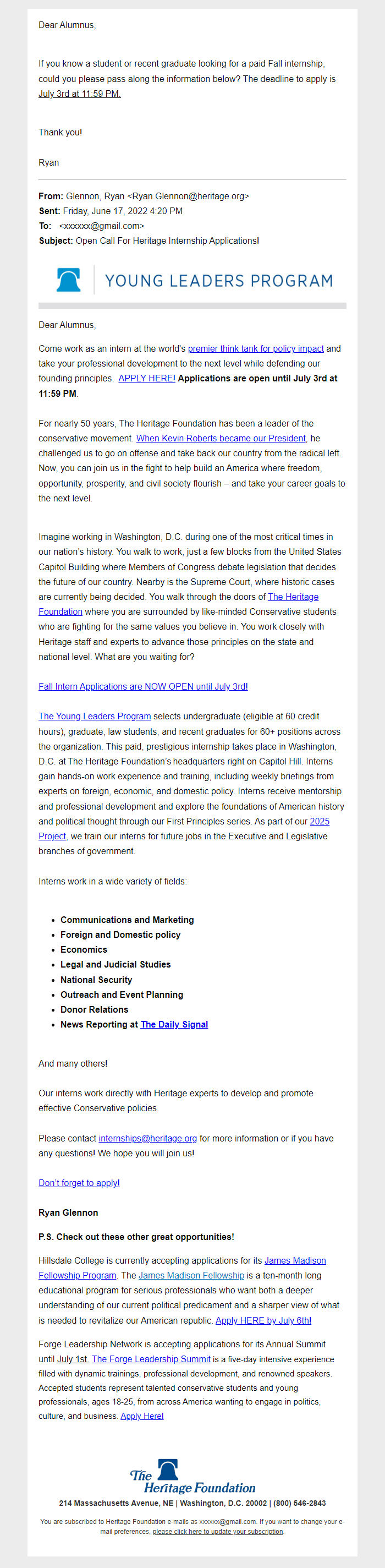 Screenshot of the email generated on import